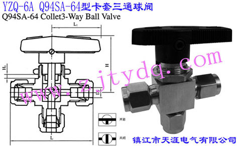 YZQ-6A Q94SA-64型卡套三通球阀YZQ-6A Q94SA-64 Double Collet Three-way Ball Valve